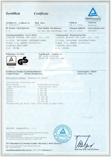 TUV GS Certification for bottle jack
